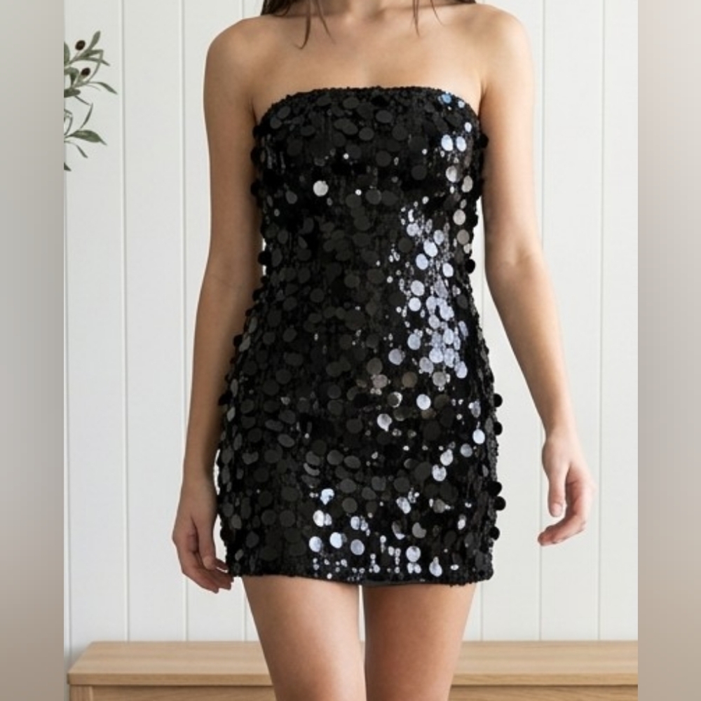 Shein Black Sequin Strapless Dress NWOT Woman's Large - Picture 1 of 3